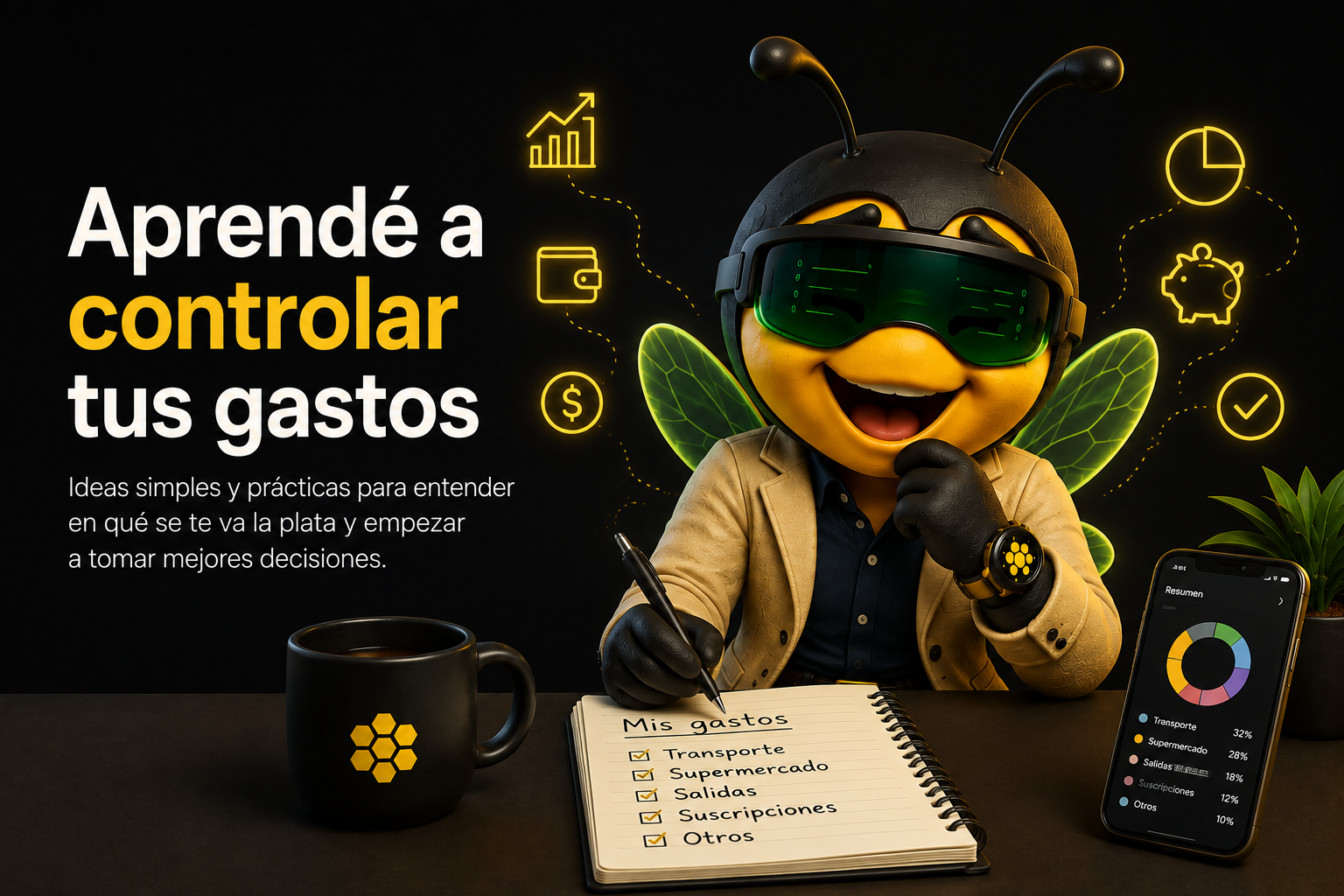 Abeja HEXA de Panal anotando gastos en un cuaderno con un teléfono que muestra un gráfico de gastos